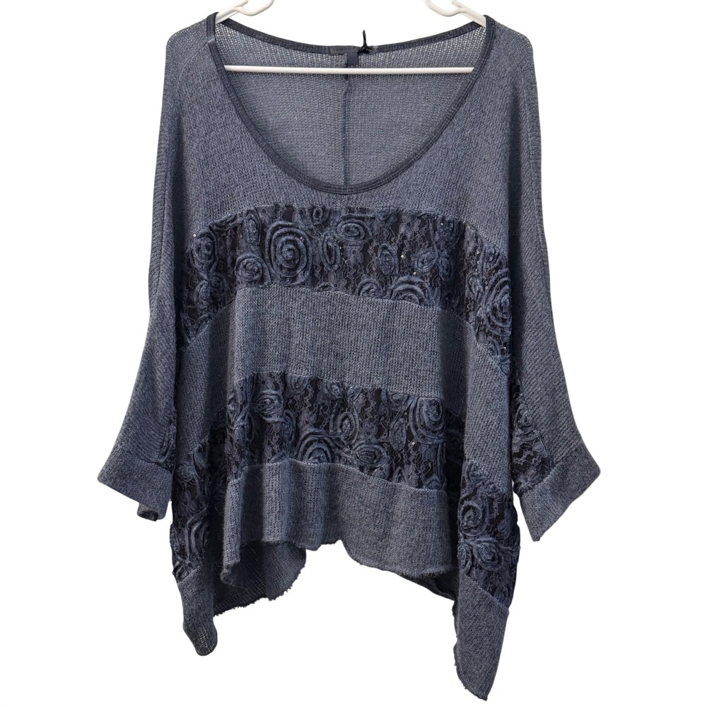 Tempo Paris Blue Mohair Wool BlendKnit Sweater Lace‎ Oversized Dolman Sleeve